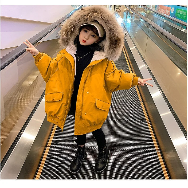 

Children's Jacket Lamb Wool Girls Warm Snow Winter Clothing 2020 New Down Padded Jacket Outwear #100-160 Teen Clothes Yellow Red