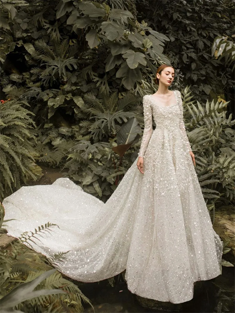 

Блестящее кружевное ТРАПЕЦИЕВИДНОЕ свадебное платье до пола, свадебное платье с блестками, платье невесты, свадебное платье с длинным шлей...