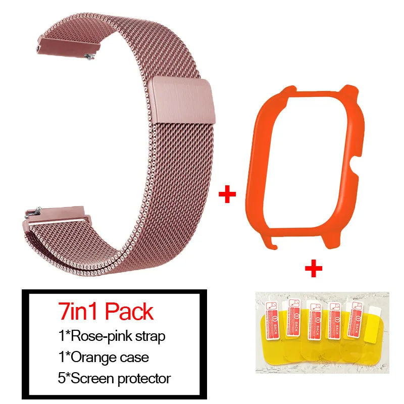 rose pink-orange 7в1 умные часы аксессуары для Huami Amazfit GTS ремешок из нержавеющей стали магнитный браслет для Amazfit gts чехол Защитная пленка - Цвет: rose pink-orange