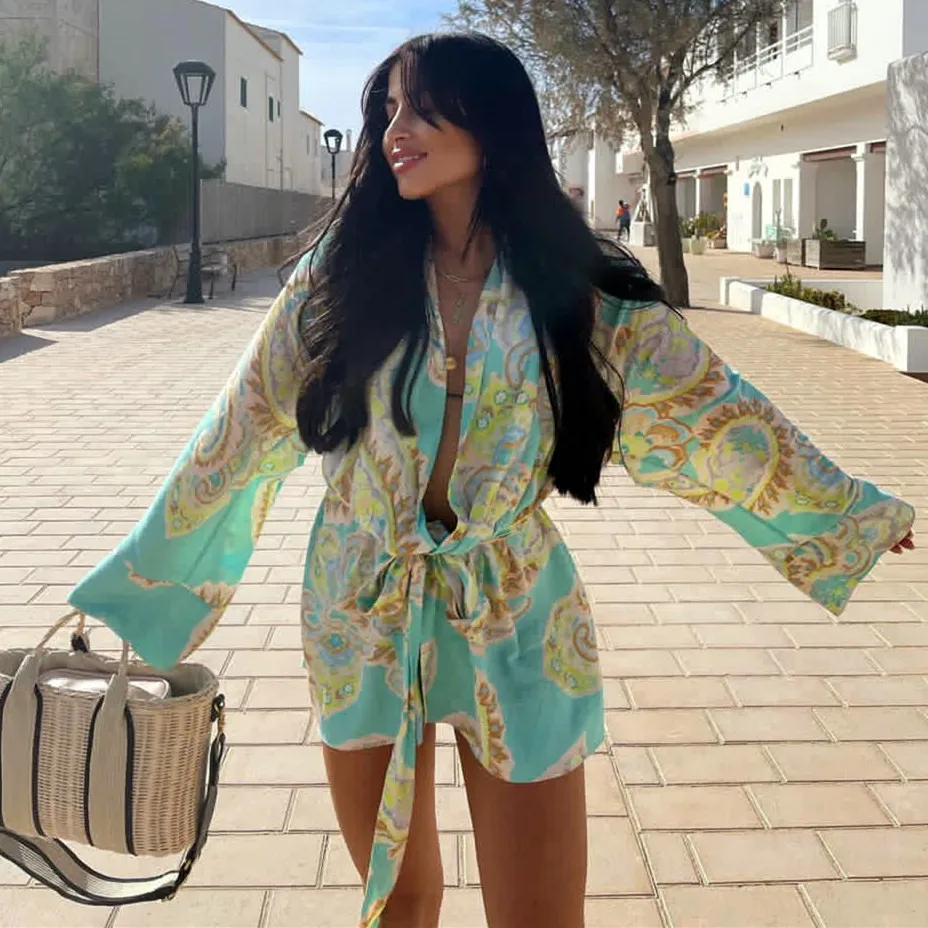 

Fashion Floral Paisley Printed Women Long Wrap Blouse With Bowknot High Waist 2021 Spring/Summer Kimono Beach Holiday Chic Shirt