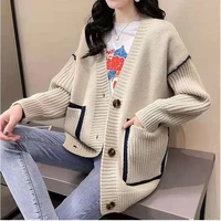autumn winter knitted women cardigan pockets 2022 loose sweater patchwork v neck casual outerwear oversized cardigans female