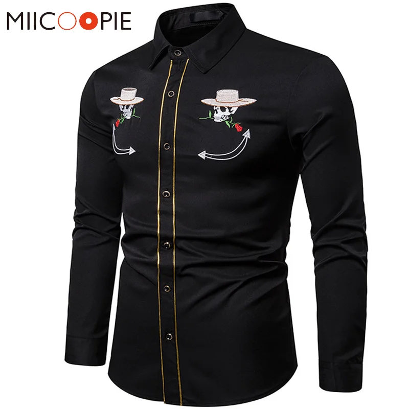 Мужская приталенная рубашка с длинным рукавом вышивкой в виде черепа розы