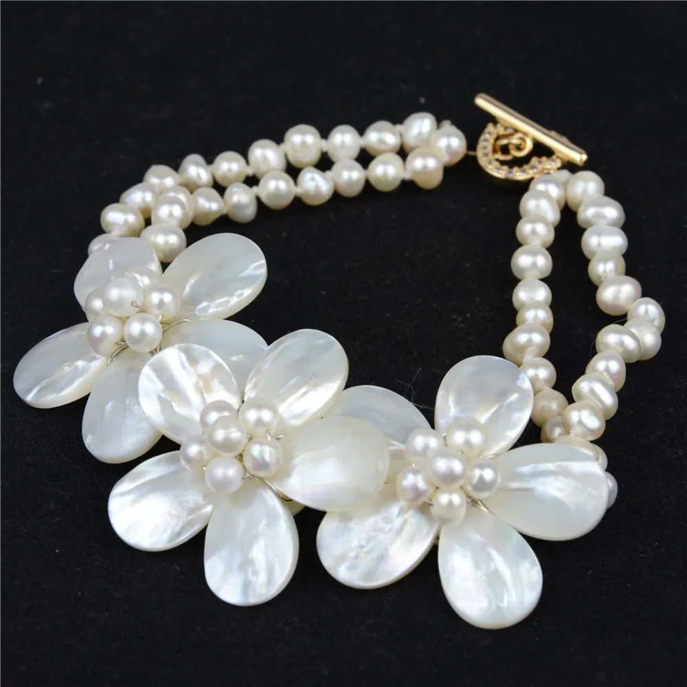 

White Beads Freshwater Pearl Natural Shell Flower Bracelet for Women Statement Bib Wedding Party Bracelet 2 Strands Handcraft