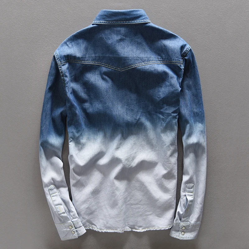 100% Cotton Gradient Blue Jeans shirt men fashion Unique personality denim shirt men Spring long shirts mens