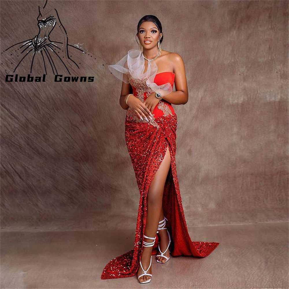 

Платье женское вечернее без бретелек с блестками и высоким разрезом