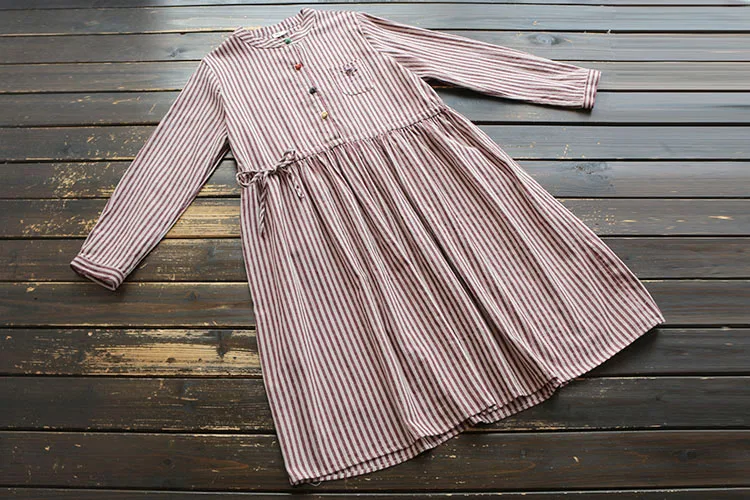 7316 New Spring Women Cotton and linen Dress Buckle Elasticated Waist vintage Striped midi | Женская одежда