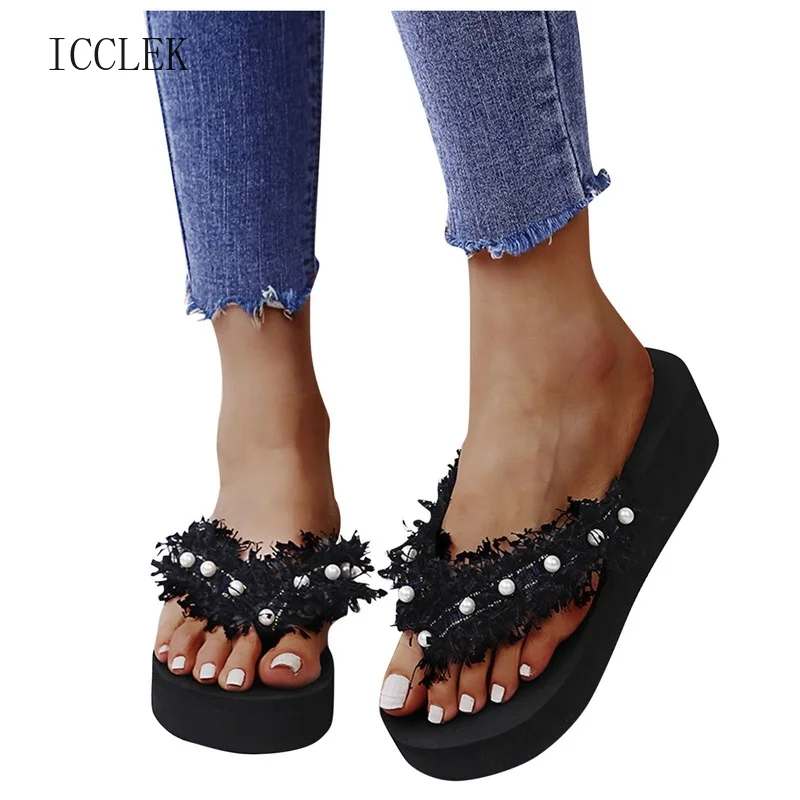 

Women's Sandals Fashion Tassel Flip-Flops Pearl Flip Flops Flat Casual Wedges Med Slippers Flip-flops Beach Shoes Female