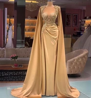2021 gold evening gowns with wrap sheer jewel neck satin long sleeve prom dress beaded custom made formal vestidos de fiesta