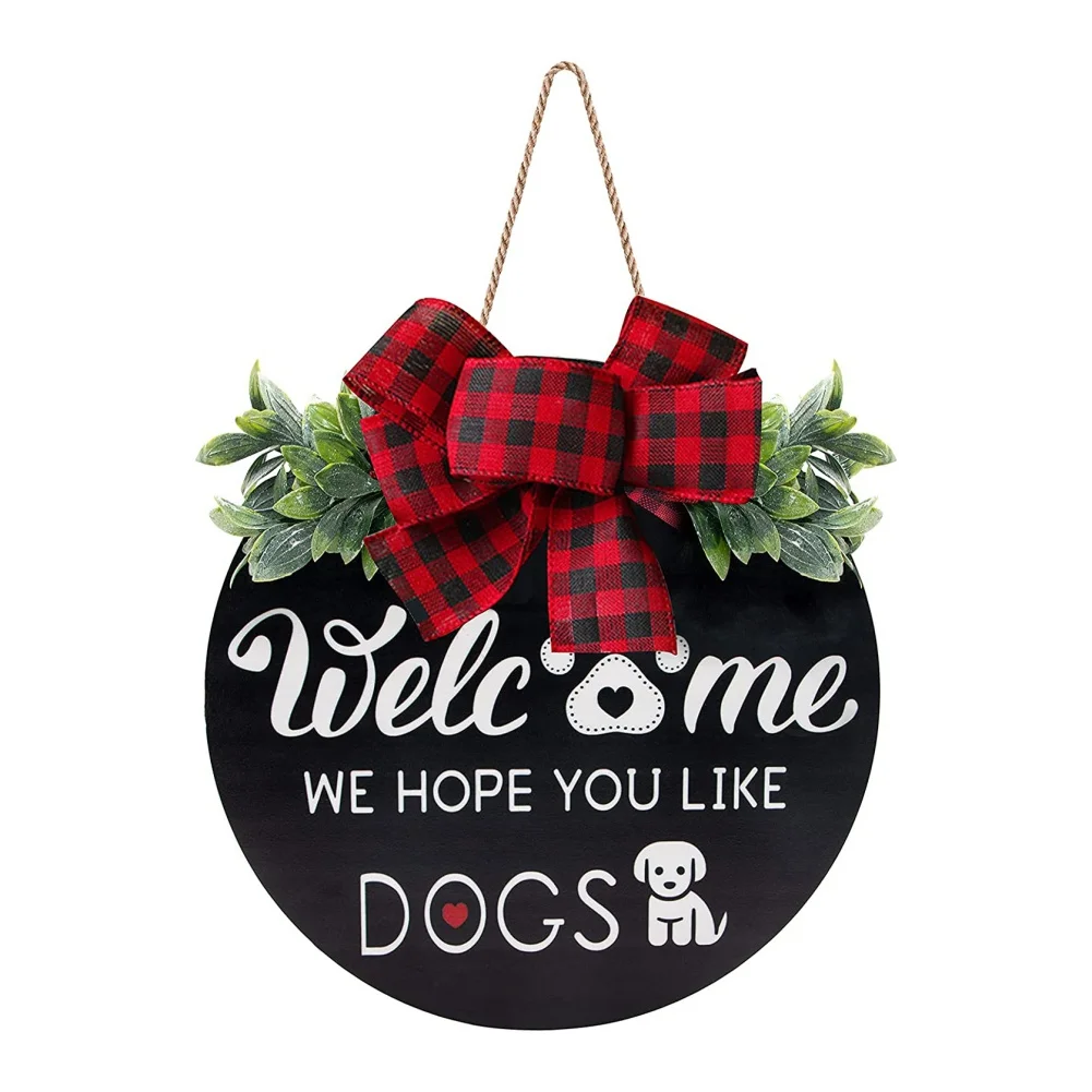 

Thanksgiving Day Front Door Wreath 30cm Front Porch Decorative Wreath With Welcome Sign We Hope You Like Dogs Red And Black Grid