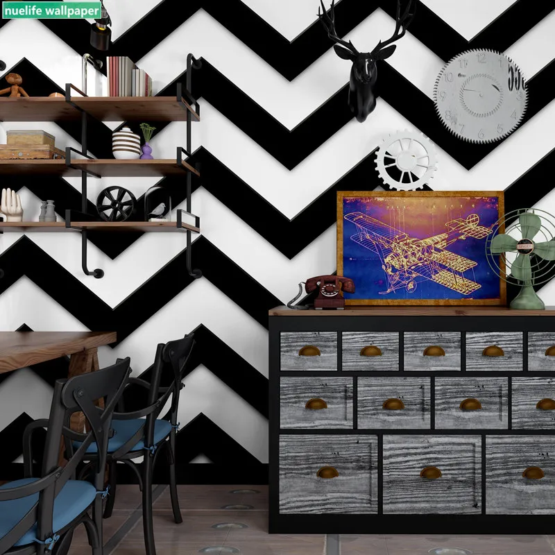 

black white horizontal stripes wave pattern wallpaper hairdressing clothing shop restaurant living room background wall paper