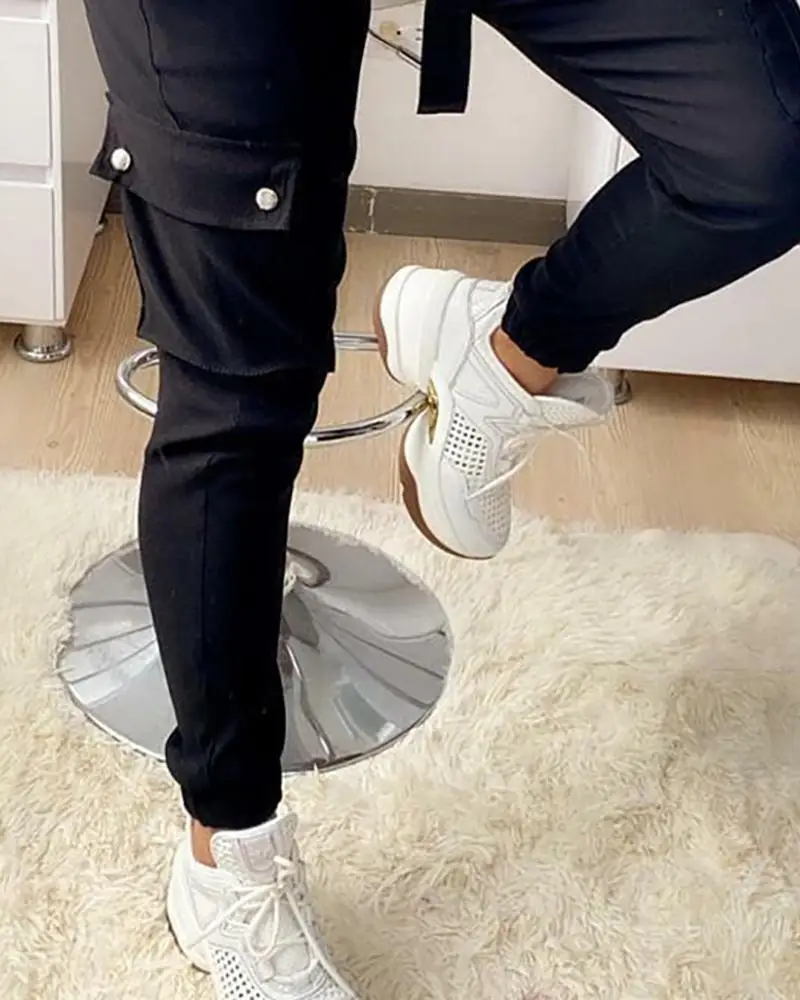 

O-Ring Tape Solid Pocket Design Casual Cargo Pants Women