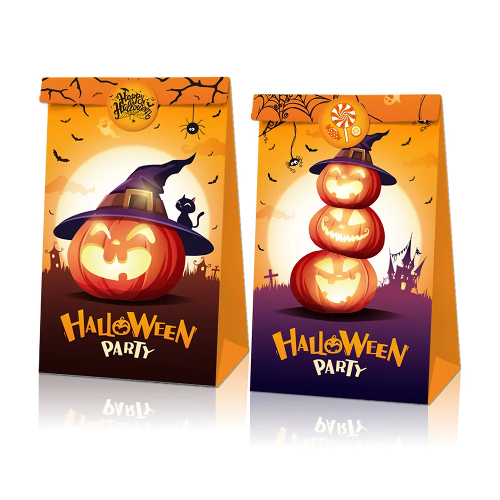 

AVEBIEN Halloween Party Pumpkin Ghost Bat Gift Packaging Candy Bag Party Kraft Paper Bag Sticker set 12/24/48pcs Gift Bag Packag