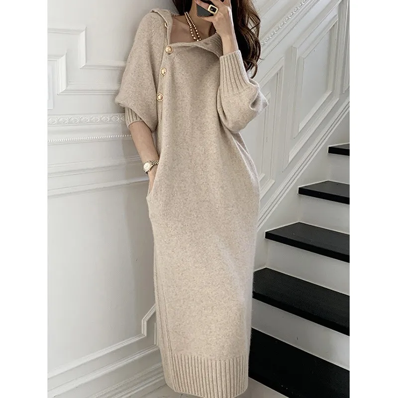

Elegant Sweater Dress Female Fashion Casual Loose Turtleneck Solid Pullover Sash Tie Up Robe Femme Autumn Winter Party Dress