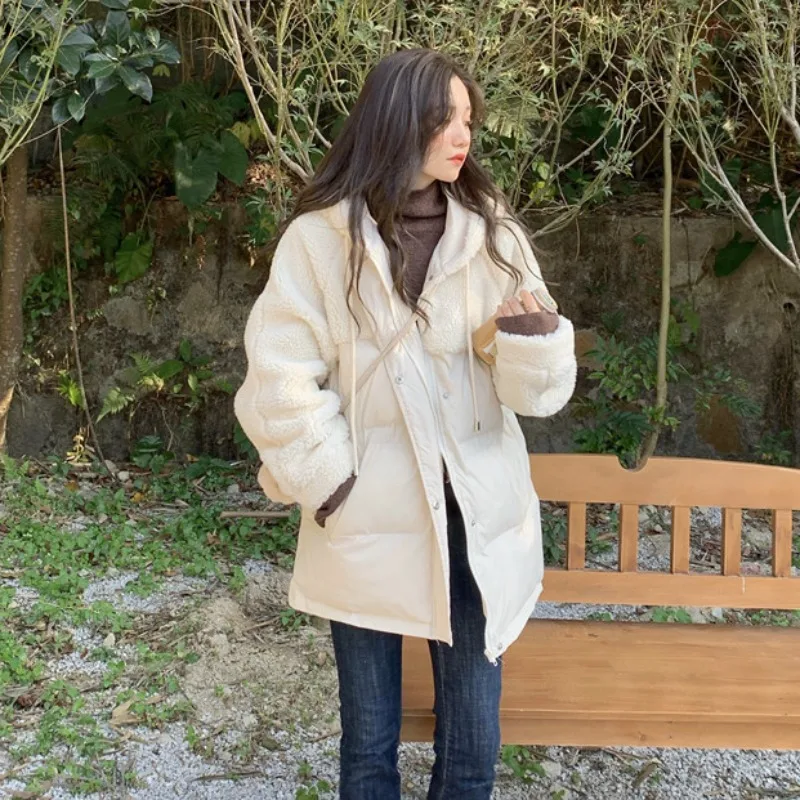 

stitching Wool hooded cotton jacket for women autumn winter Korean version