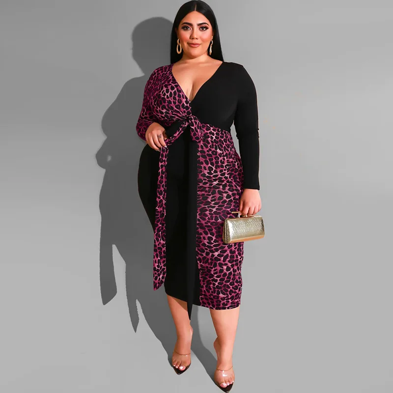

Plus Size Dress Leopard Print Multicolor Printing Deep V Sheath Tight With Belt Long Sleeve Fashion Women's Dress