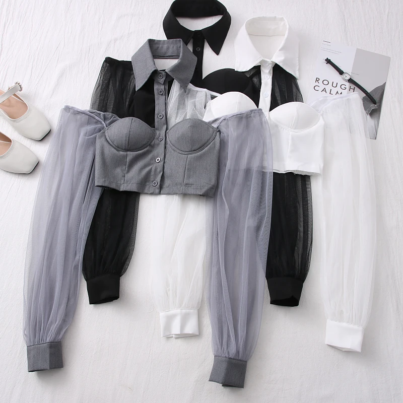 Высокая уличная Холтер шеи без бретелек с пышными рукавами рубашка Женская