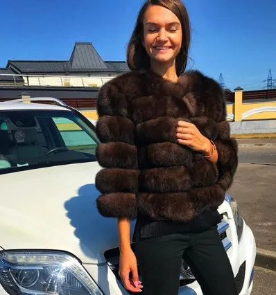 Лидер продаж, пальто из натурального Лисьего меха со звездами "Венеция", Красивая Великолепная зимняя меховая куртка, верхняя одежда abrigo mujer - Цвет: sable color