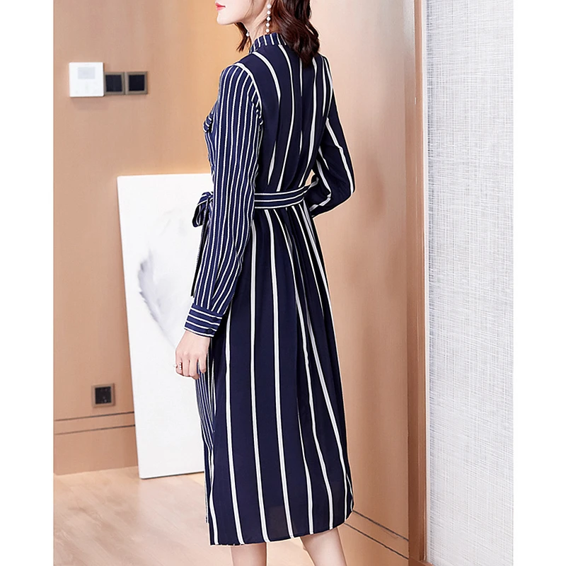 

High Quality 100% Silk Dress Women Stripe Print Sashes Long Sleeve Loose Lightweight Fabric Casual Dress New Fashion Style