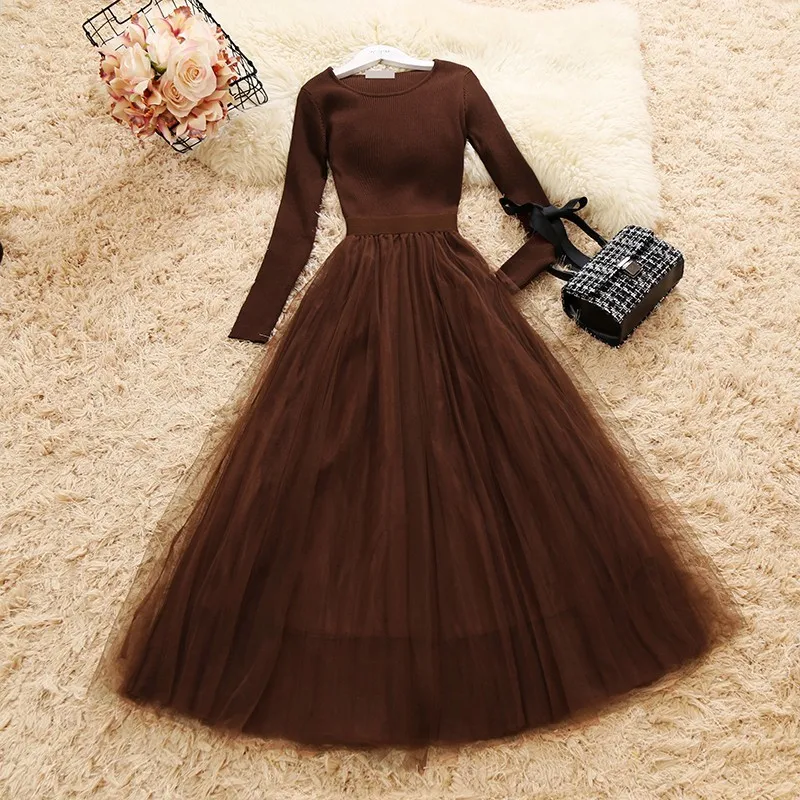 

2020 autumn Women Knit Mesh Patchwork Dress Long Sleeve Ball Gown Elegant Woman Casual Knitted A-line Dresses