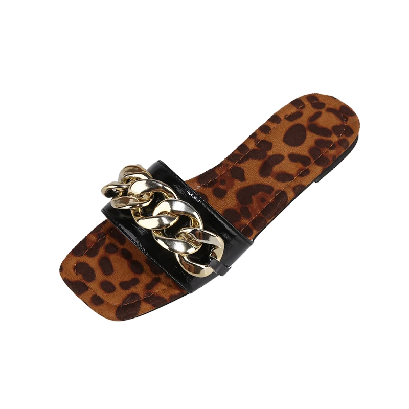 

2021 New Women's Slippers Metal Chain Square Toe Summer Sandals Shoes Women Open Toe Leopard Shoes Plus Size Zapato Mujer