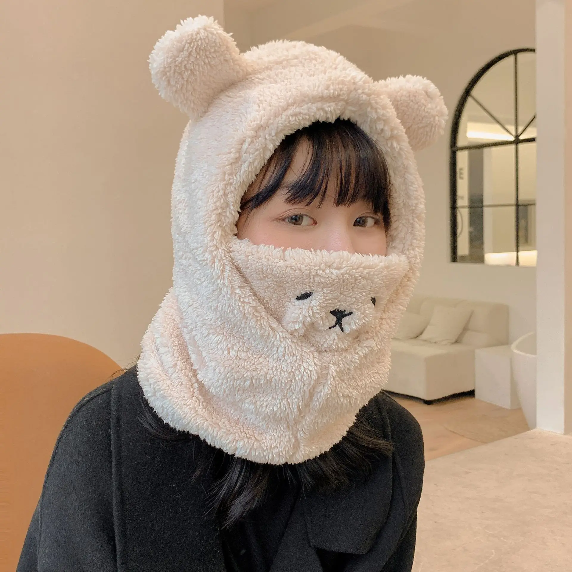 

Japanese Cute Bear Ears Earmuffs Hat Plush Autumn and Winter All-match Embroidery Mask Bib One-piece Hat