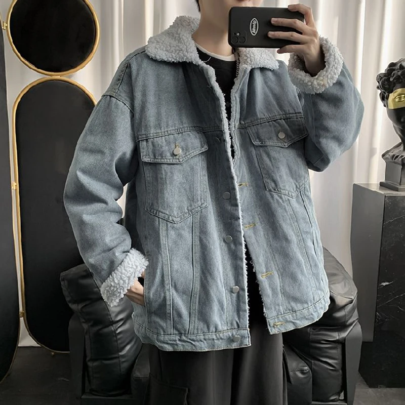 

Autumn Winter Thicken Denim Jacket Men's Warm Lamb Velvet Jacket Washed Plus Velvet Casual Sports Coat Slim Male Clothes