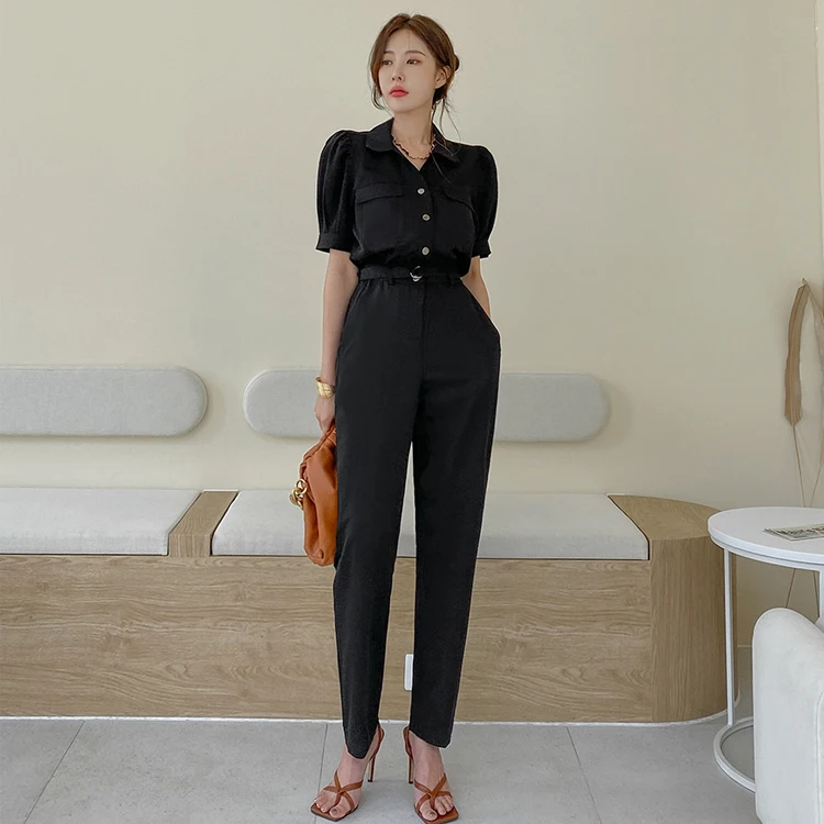 

2020 Brand New Women Fashion Jumpsuit Short Sleeve Belted Slim Black Jumpsuit Casual Overalls Office Lady Romper