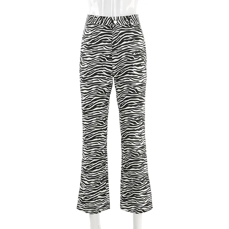 

Women Zebra Pattern Print Pants Casual Straight High Waist Trousers Women