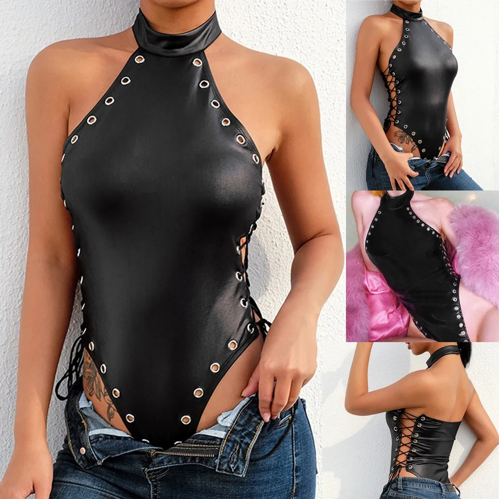 Fashion Women Sexy Leather Sleeveless Halter Bandage One-piece Blackless Club Party Bodysuit Jumpsuit Overalls Teddy Lingerie#p3 |