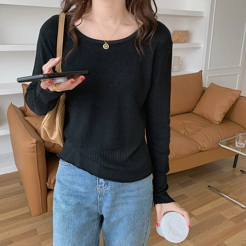 

Striped Top Women's Autumn Pullover Low round Neck Slim Sweater 2021 New Solid Color Short Long-Sleeved Sweater