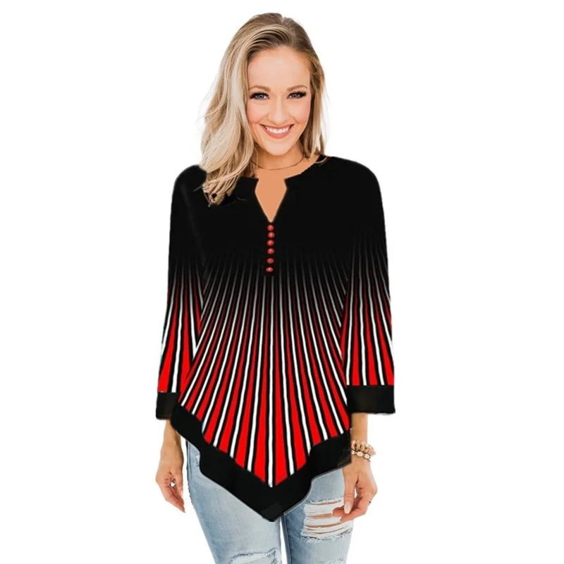 

Женская рубашка с V-образным вырезом, длинным рукавом и цифровым геометрическим принтом