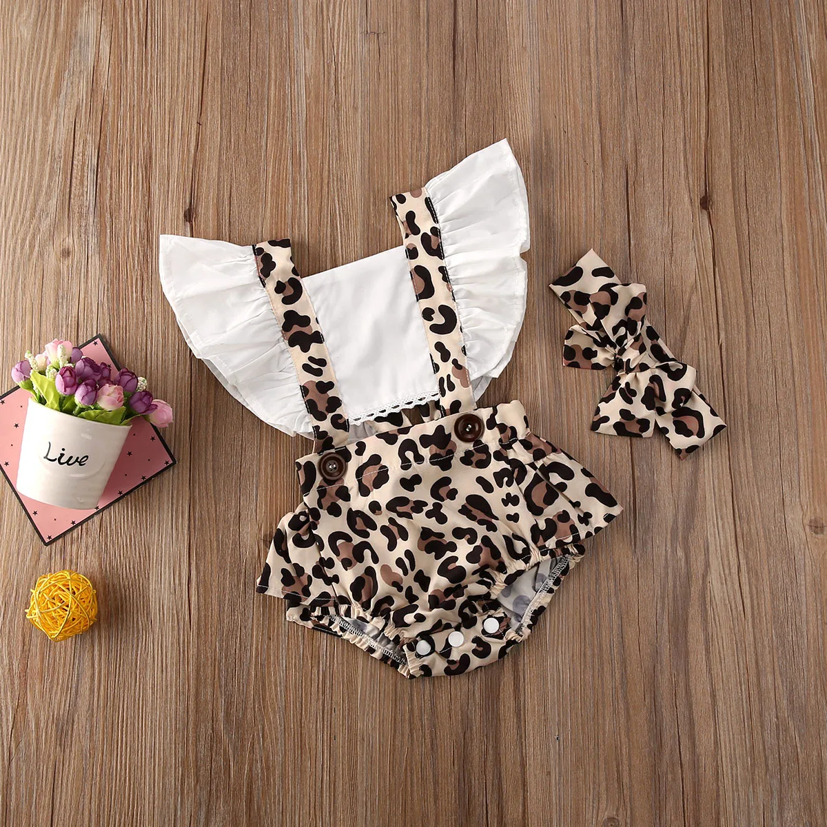 

Infant Baby Girls Clothes Leopard Print Bodysuit Rompers Playsuit Summer Backless Ruffle Sleeve Bow Headband 2pc Outfits