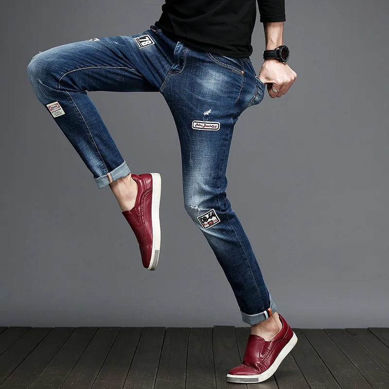 Обтягивающие джинсы для мужчин модные Лоскутные мужские рваные прямые с