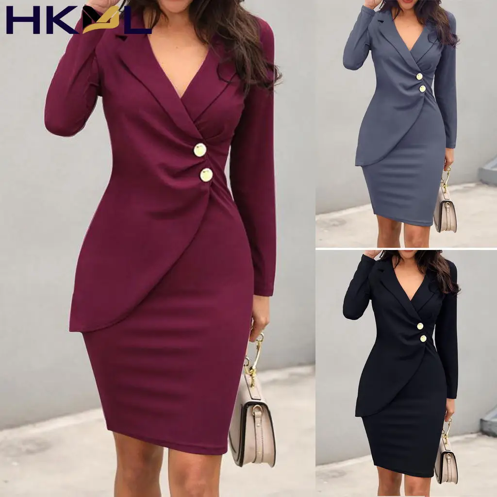 

Women Dress Notched Neck Long Sleeve Midi Dress Office Lady Bodycon Button Draped Dress