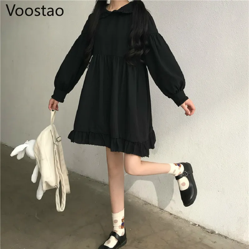 

Kawaii Girls Gothic Lolita Dress Sweet Cute Princess Ruffles Long Sleeve 2 Pieces Dresses Puff Sleeve Black O-Neck Women Dress