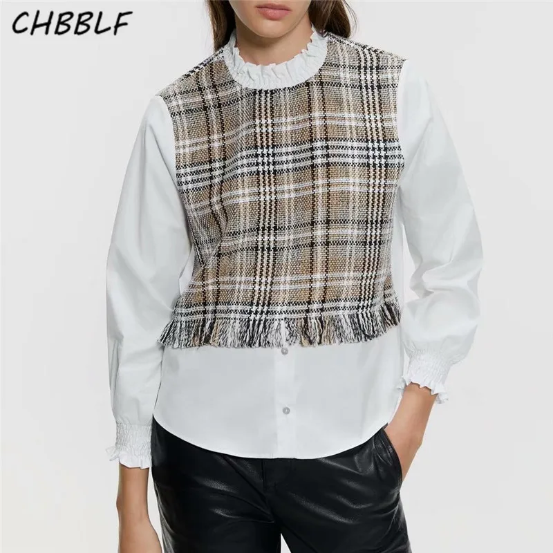 CHBBLF women elegant tweed patchwork blouse long sleeve ruffled collar shirts sweet preppy style female casual chic tops C9716 | Женская
