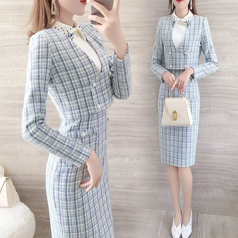 

Women New 2021 Autumn Winter Plaid Dress Suit Female V-neck Short Jacket Coat + Patchwork Vest Dress Fashion Two Piece Set C389