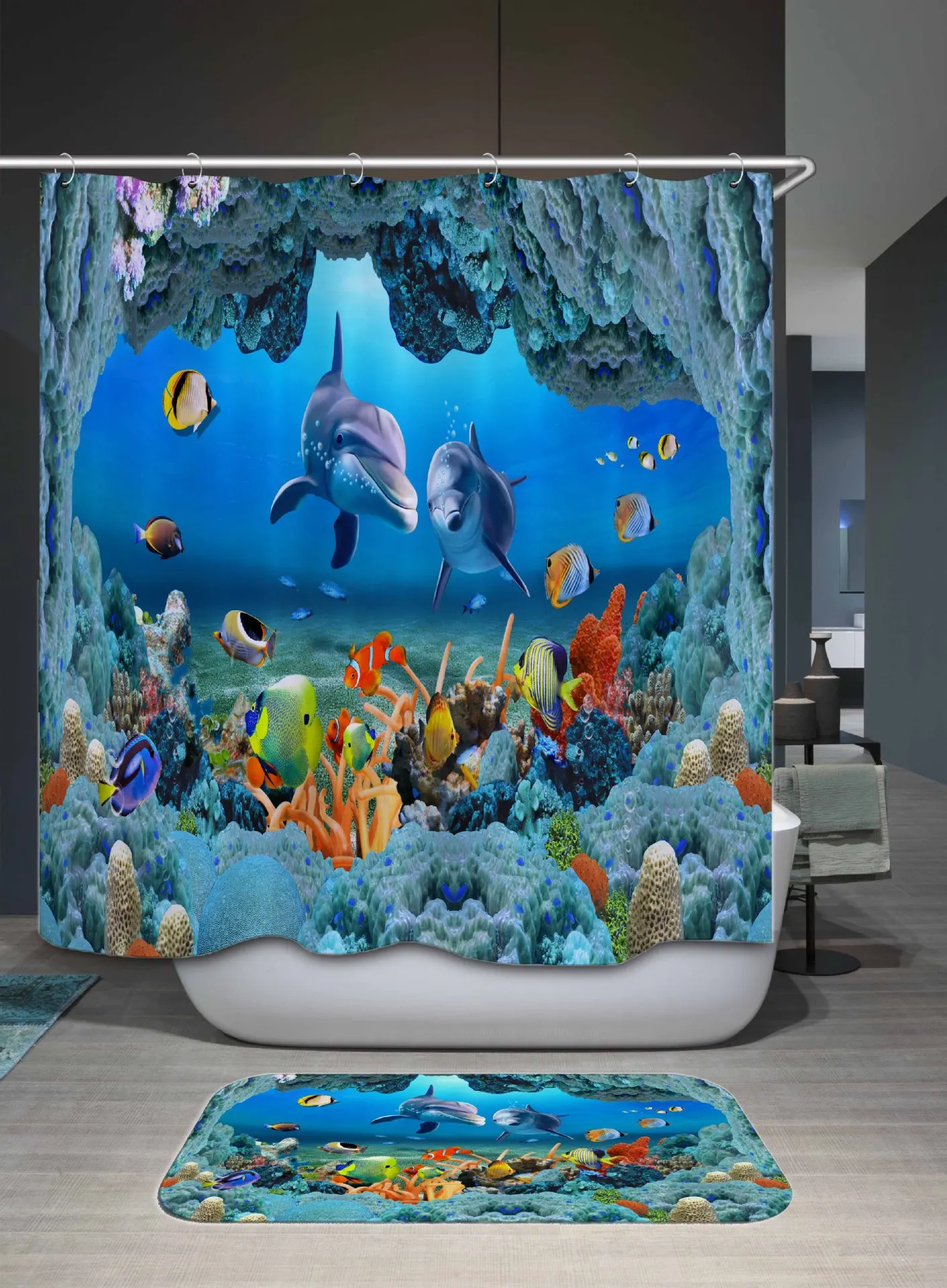 

Bathroom Shower Curtain -Blue Dolphin Sea Life Charms Curtains