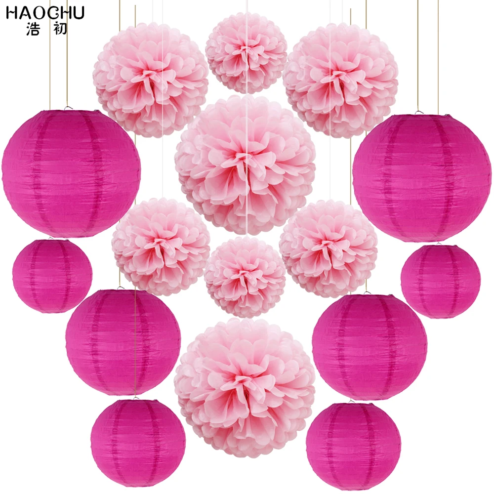 16 шт./лот Китайские бумажные фонарики фонарь ткань Pom Poms различные размеры