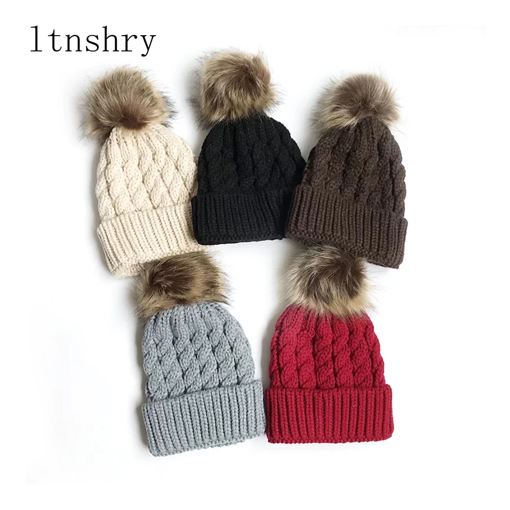 

Parent-child Mother Kids Child Baby Warm Winter Knit Beanie Fur Pom Hat Crochet Ski Cap Cute arrival Mom And Baby Knited Hats