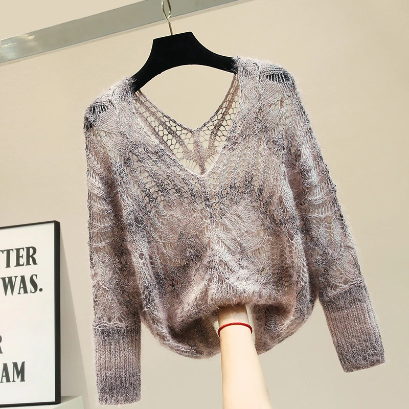 Женский мохеровый свитер Свободный вязаный пуловер с вырезом и длинным рукавом