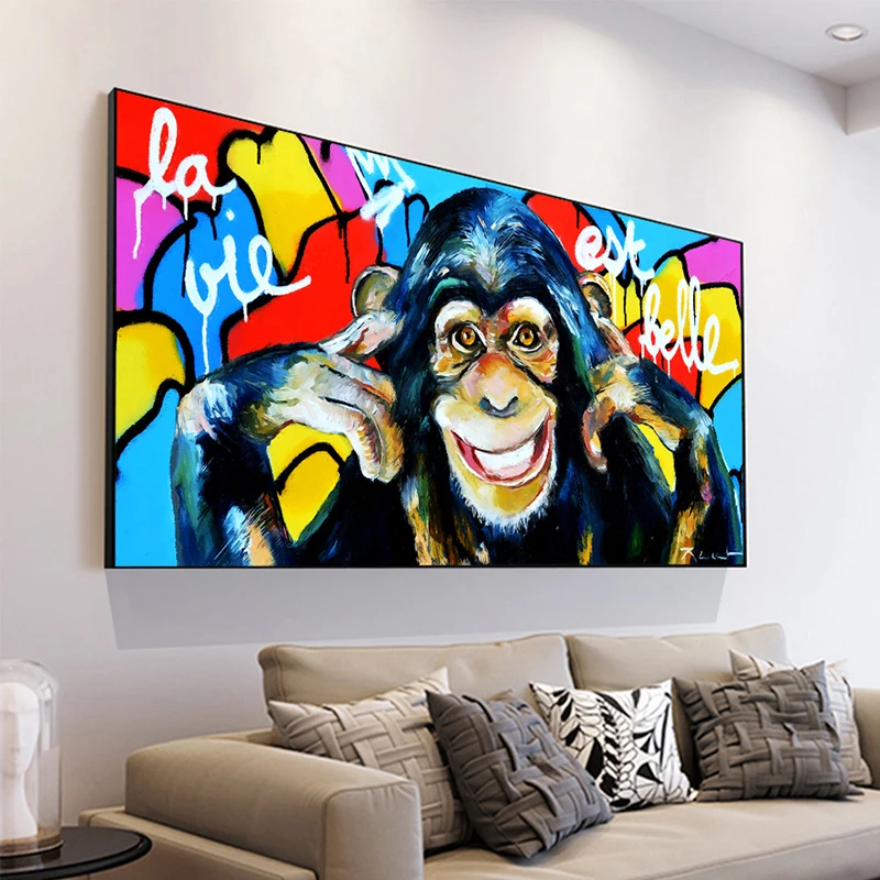 Абстрактный красочный улыбающийся обезьяна граффити классический холст масляной живописи постер и печати картины на стену для гостиной.