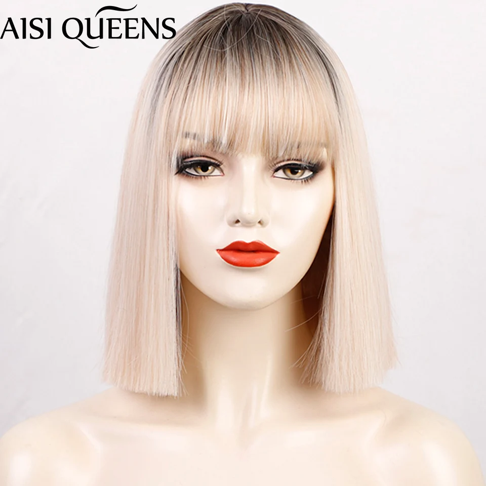 

AISI QUEENS Synthetic Wigs Short Straight Ombre Blonde Bob Wigs with Bangs for Women Red Black Brown Daily Hair