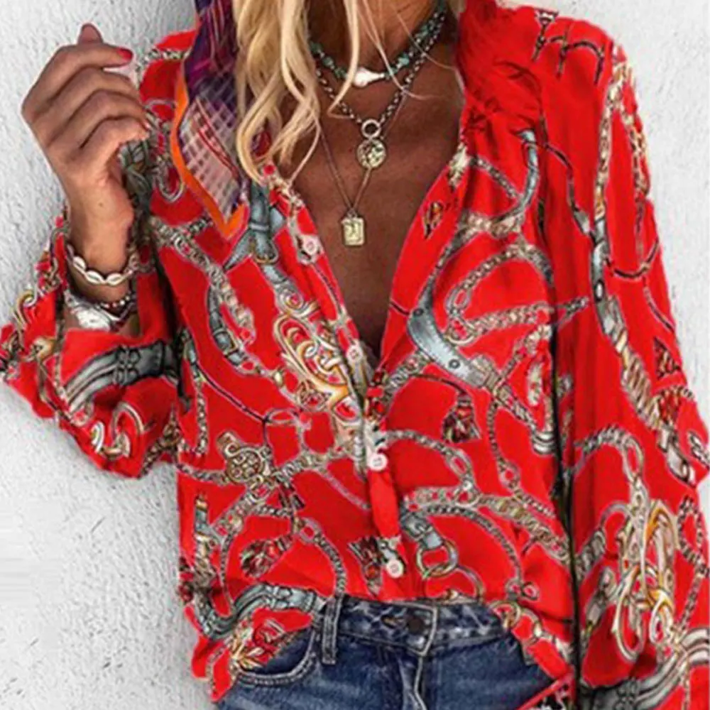 

Gentillove Lady Vintage Blouse Women Spring Summer Chain Print Long Sleeve Loose Shirt Plus Size 5XL Tops Single-breasted Tunic