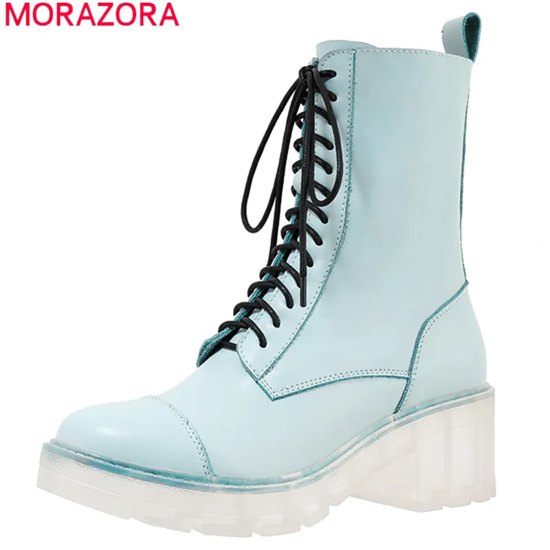 

MORAZORA 2020 Big size 33-42 genuine leather boots thick heels round toe ankle boots fashion lace up ladies footwear for woman