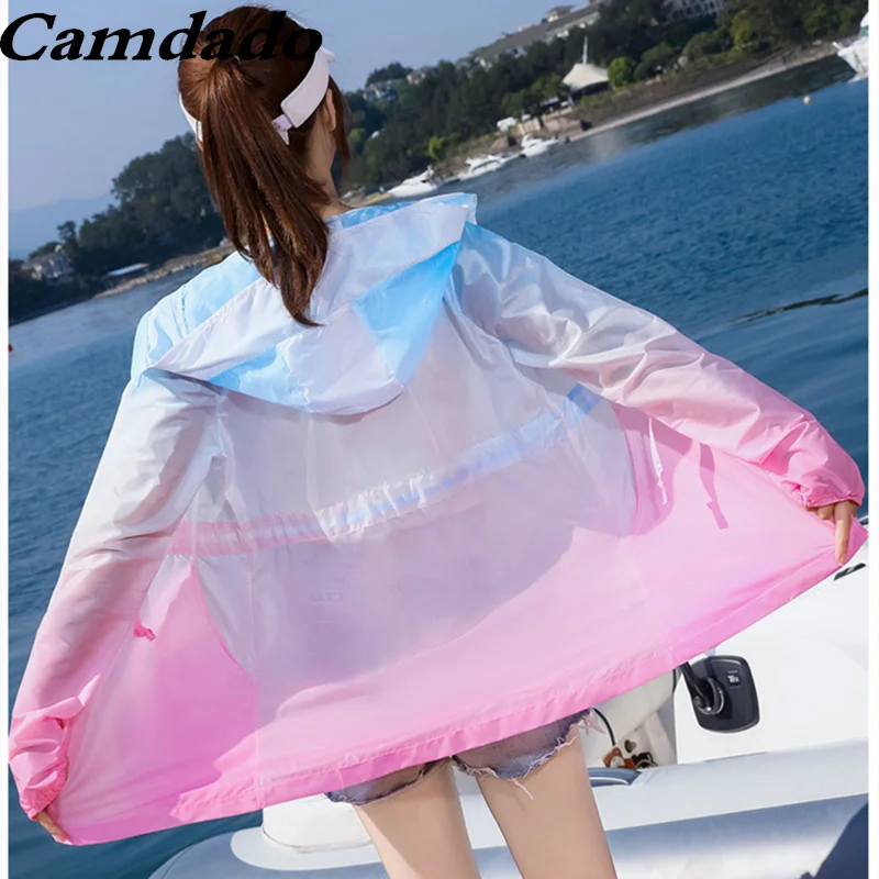 

Women Sunscreen Clothing New Summer Rainbow Color Sun UV Protection Long clothes Female Hood Jacket Thin Breathable Casual Coat