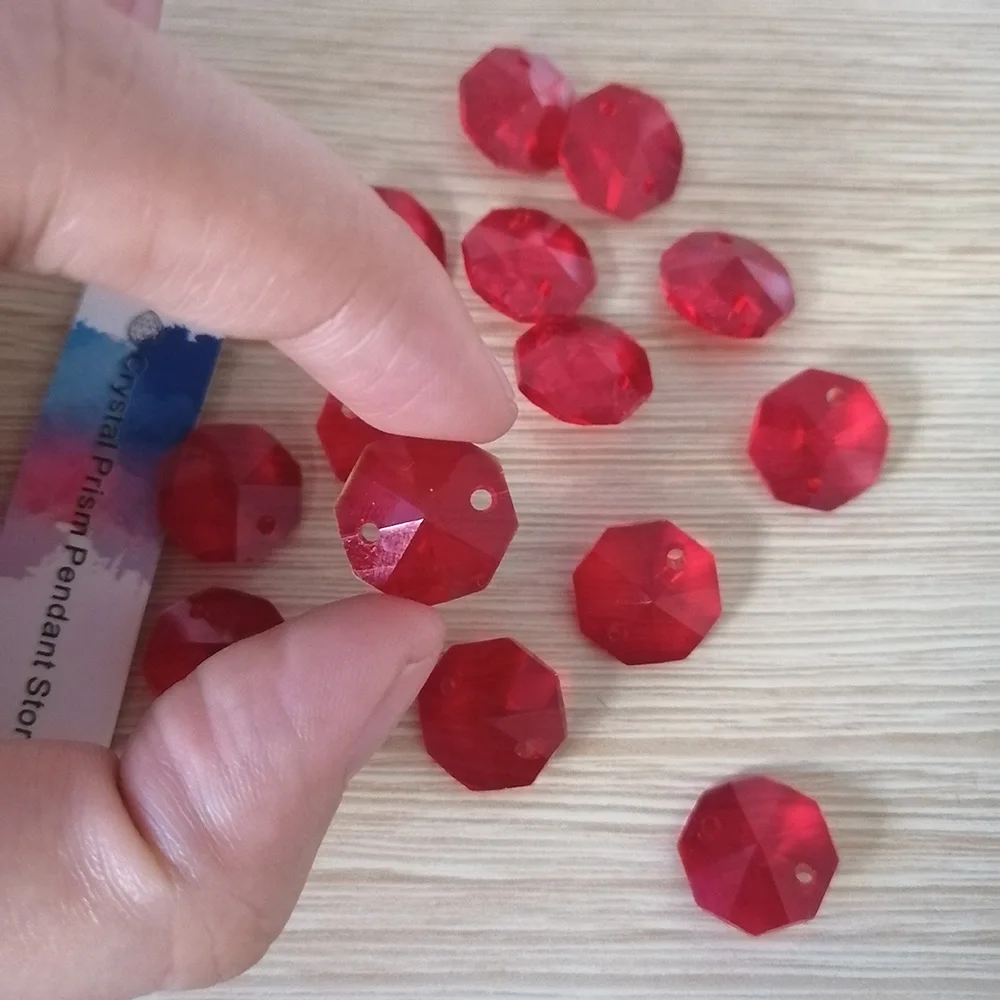 Camal 20pcs Red 14mm Crystal Octagonal Loose Beads Two Holes Prisms Chandelier Lamp Parts Accessories Wedding Centerpiece