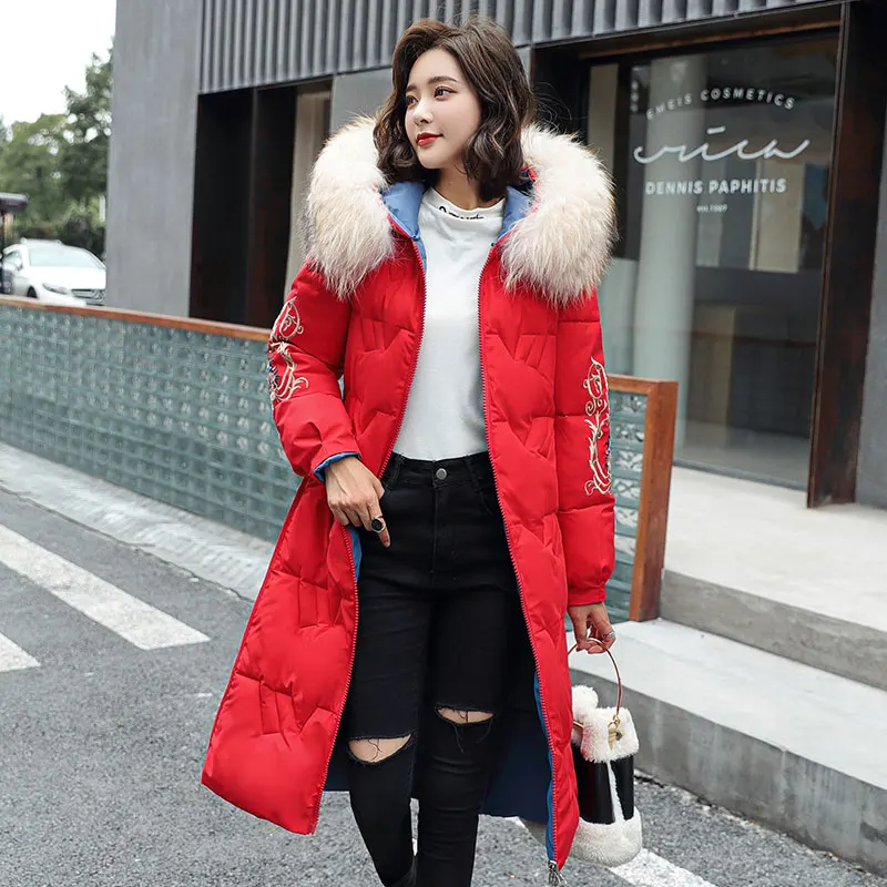 2020 New Embroidery Long Hooded Parka Winter Jacket Women Warm Thick Double-sided Wear Parka Fur Collar Coat Female Office Lady