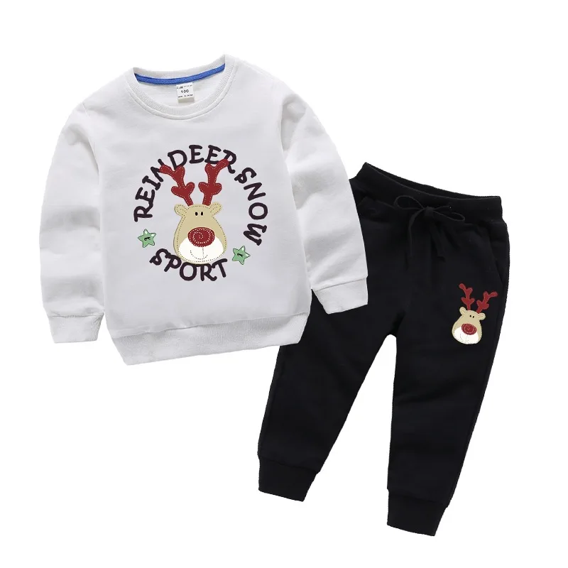 

Autumn and winter baby suit 100% cotton elk pattern Christmas baby girl clothes boy suit cartoon kids clothes sweater + trousers