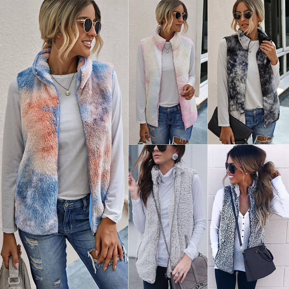 

Autumn and Winter Fashion Zip Pocket Turtleneck Tie-Dye Plush Vest Women's Vest